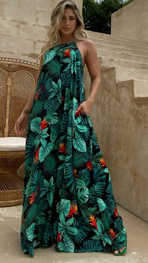 Evolet Tropical Wide Leg Jumpsuit with Pockets