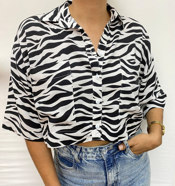 Evolet Zebra Print Crop Shirt