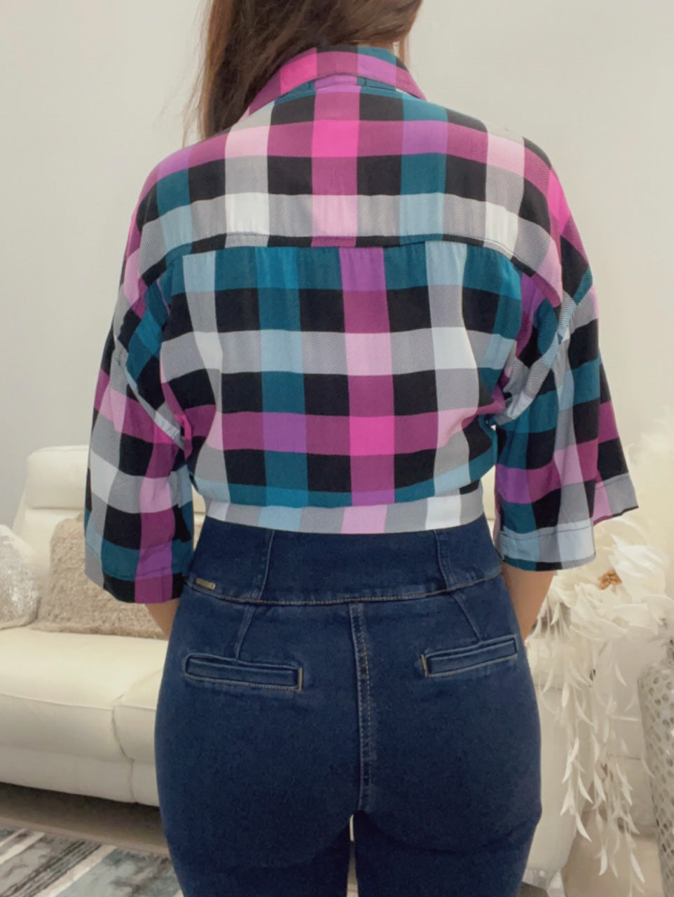 Evolet Gingham Crop Shirt