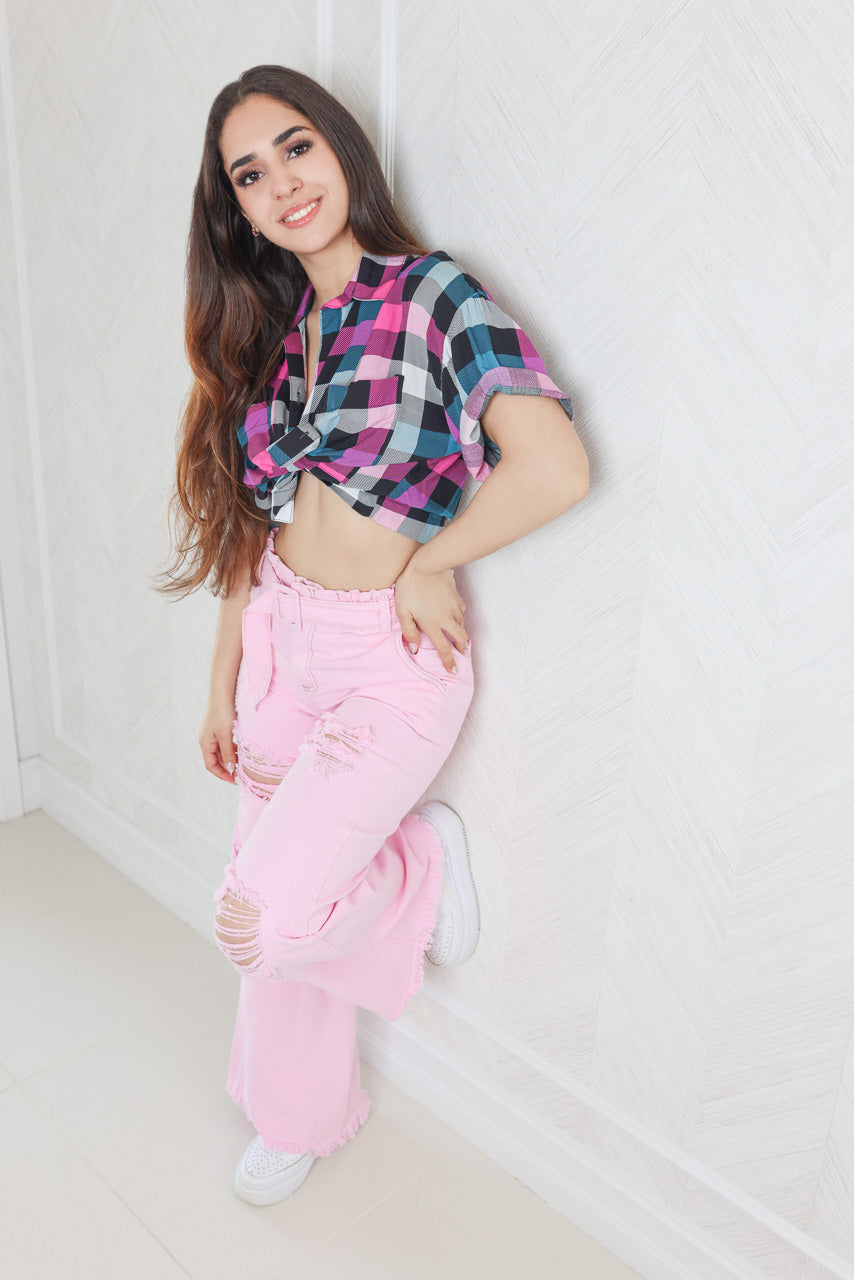 Evolet Gingham Crop Shirt