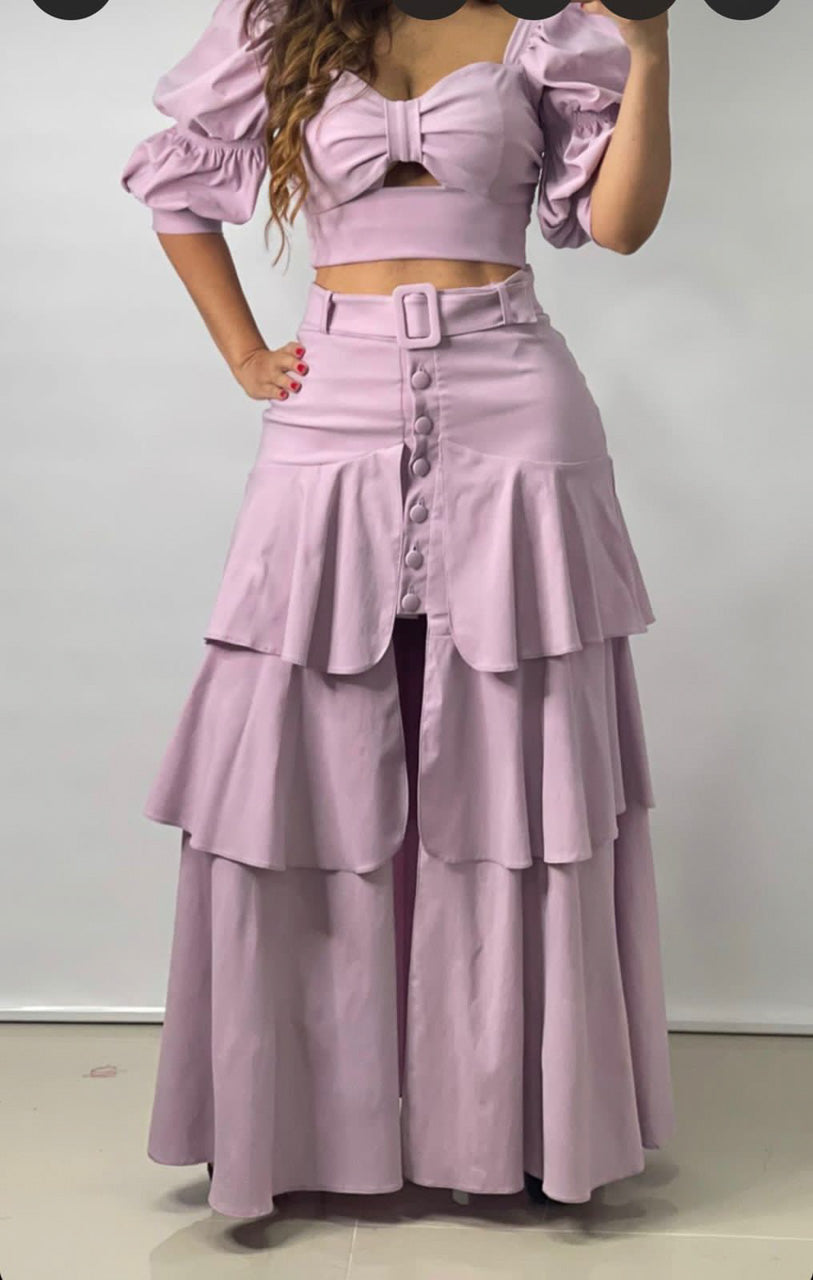 Evolet Puff Sleeve Sweetheart Neck Crop Top And Skirt