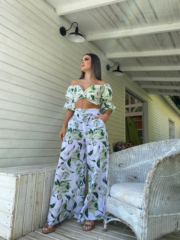 Evolet Exotic Crop Top and Wide Pants Set