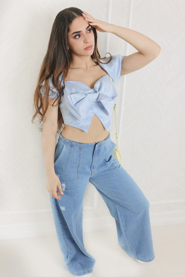 Evolet Cute Front Bow Puff Sleeve Zip Back Crop Top