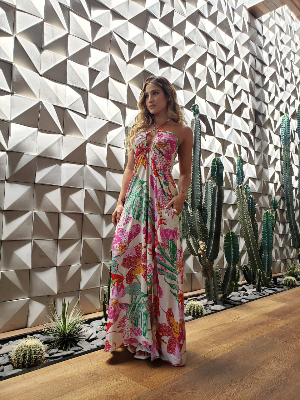 Evolet Tropical Print Side Slit Neck Tie Maxi Dress