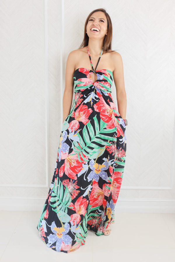 Evolet Tropical Print Side Slit Neck Tie Maxi Dress