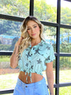 Evolet Heart Print Front Drawstring Crop Shirt