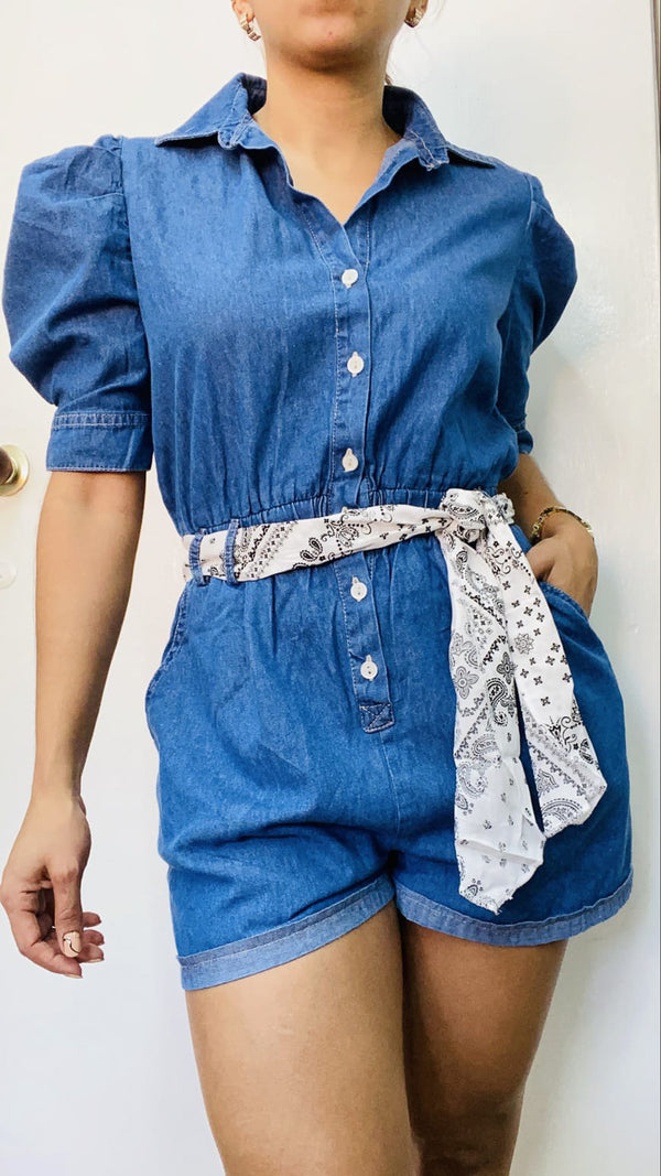 Evolet Modern Button Up Puff Sleeve Romper with Belt