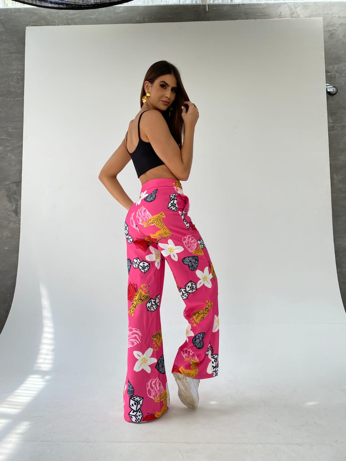 Evolet Retro Print Wide Leg Pants with Pockets