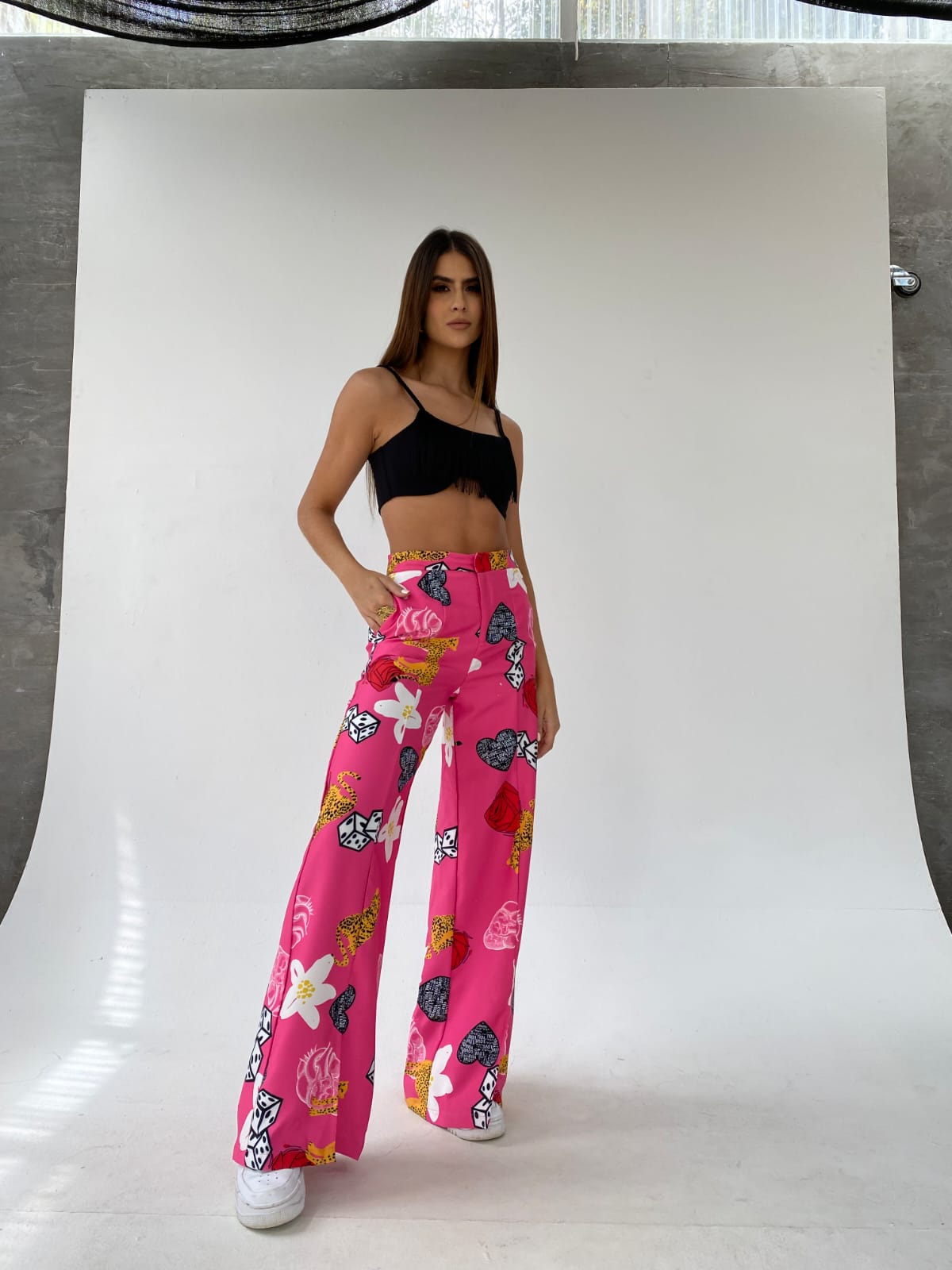 Evolet Retro Print Wide Leg Pants with Pockets