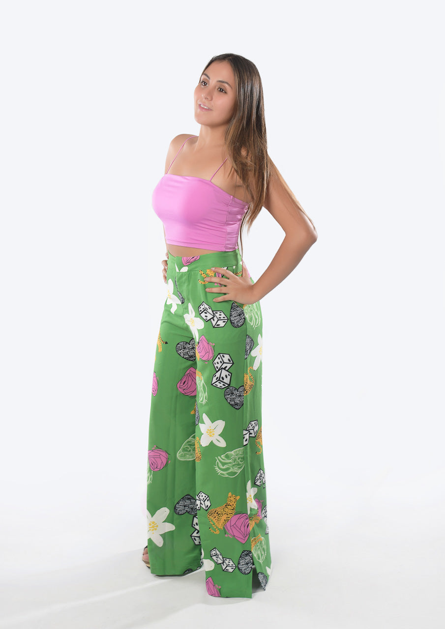 Evolet Retro Print Wide Leg Pants with Pockets