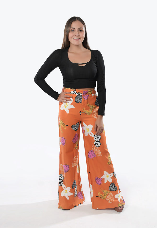 Retro Print Wide Leg Pants